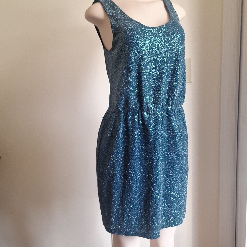 Express Modern Showgirl Teal Sequin Mini Dress Size M - Picture 3 of 10